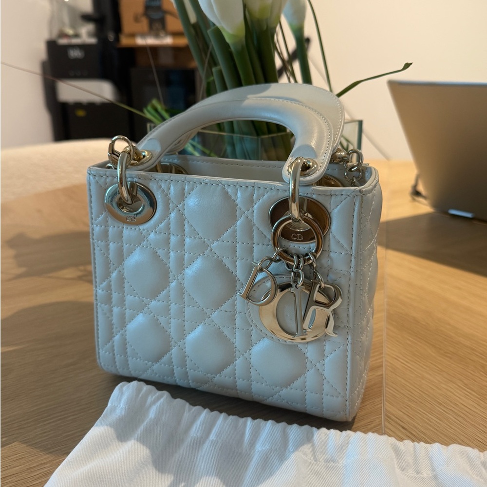 Mini Lady Dior White Quilted Handbag with champagne hardware